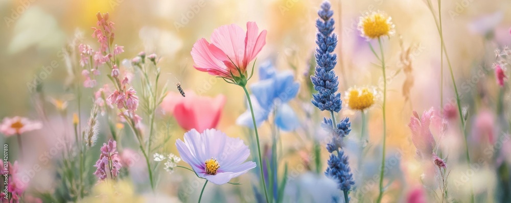Vibrant wildflower meadow with blossoms and bees in soft sunlight Vibrant wildflower meadow with blossoms and bees in soft sunlight