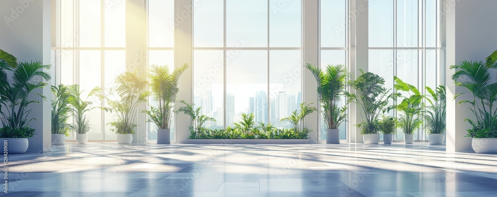 Sunlit urban atrium with lush greenery and city views through tall glass windows Sunlit urban atrium with lush greenery and city views through tall glass windows