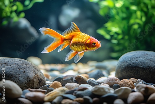 Goldfish Swimming Gracefully Among Pebbles in a Vibrant Aquarium Landscape