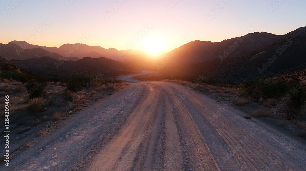 Fototapeta premium Scenic Sunset Over a Dusty Road in the Mountains with Layers of Hills and Soft Light : Generative AI