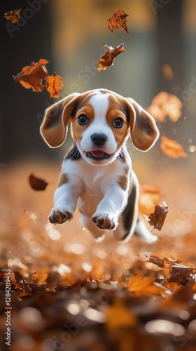 Beagle Puppy Joyfully Running Through Autumn Leaves in a Colorful Park