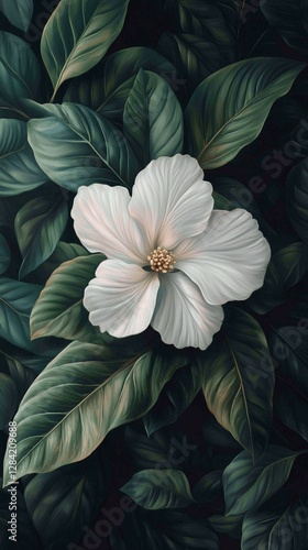 Wallpaper Mural White Flower Blooming Amidst Lush Green Leaves in a Tropical Setting During Daytime Torontodigital.ca