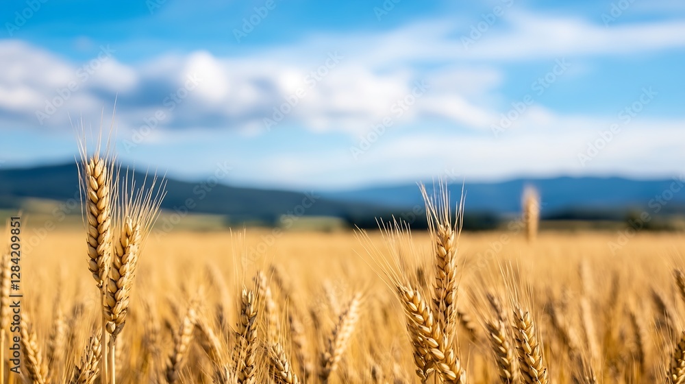 Fototapeta premium Golden wheat field swaying gently under the bright blue sky showcasing the beauty of agricultural landscapes : Generative AI