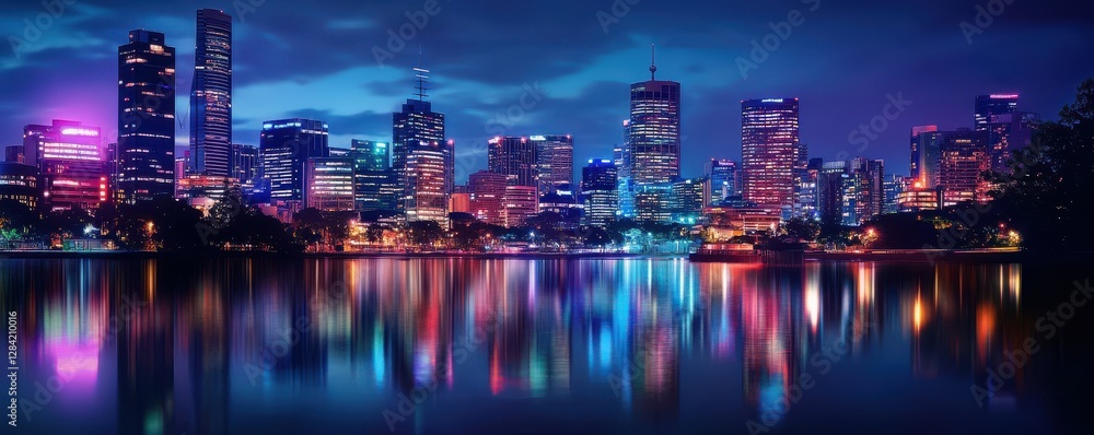 Fototapeta premium Vibrant city skyline at night with reflective waterfront and colorful lights