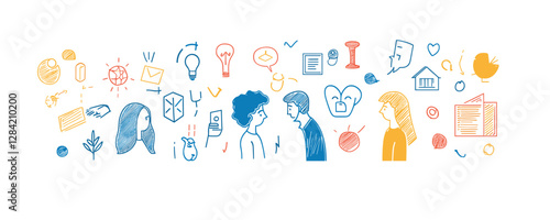 Flat linear communication icons set with doodle style elements.