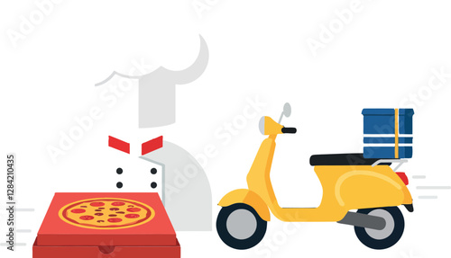 A cheerful pizza chef preparing a delivery with a yellow scooter beside a red pizza box in flat vector art