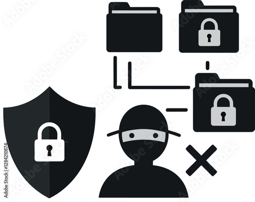 A cybersecurity concept featuring a masked figure, locked folders, and a protective shield in a flat vector illustration