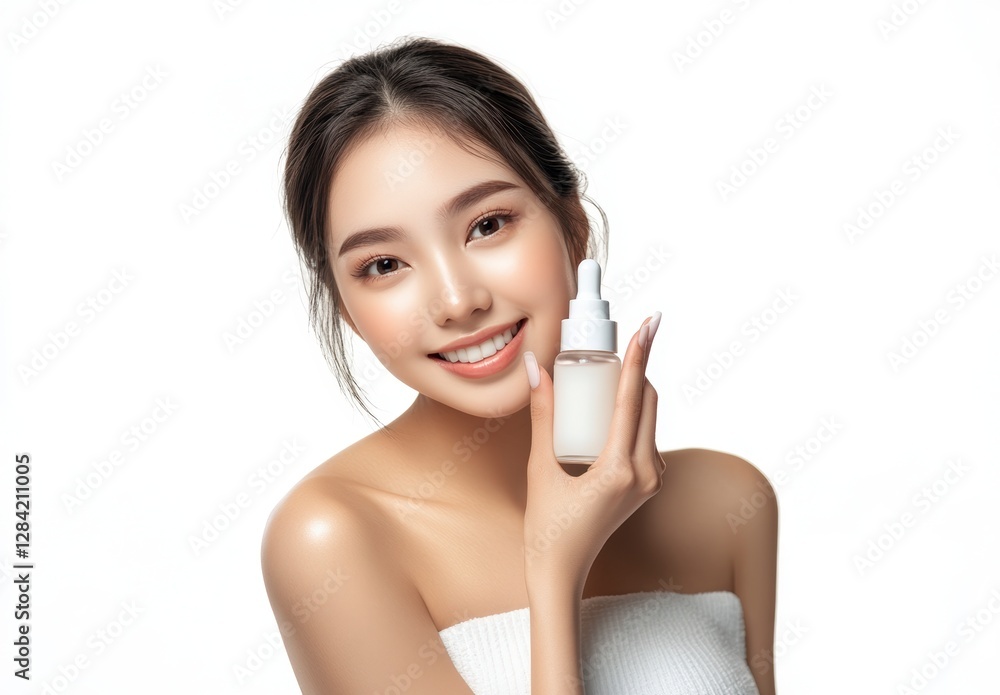 Smiling asian young woman holding skincare product in white studio background Smiling asian young woman holding skincare product in white studio background