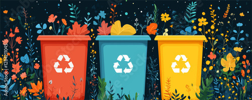 Flat eco-friendly icons set with recycling bins surrounded by flowers - vector art.