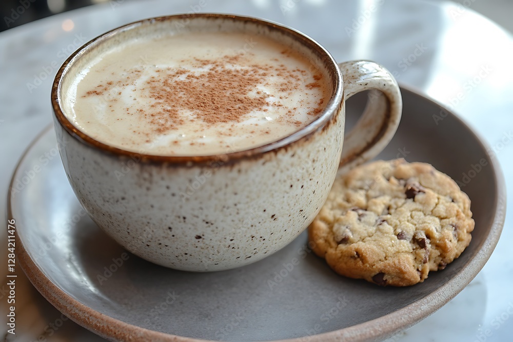 there is a cup of coffee and a cookie on a plate there is a cup of coffee and a cookie on a plate