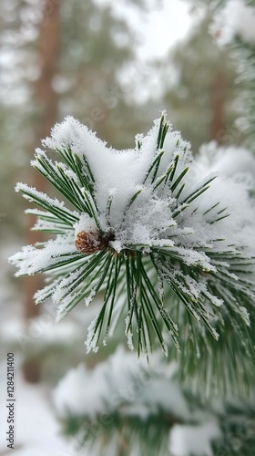 Snow-covered Pine Branches Create a Serene Winter Atmosphere in the Forest