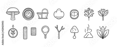 Linear flat icons set of mushroom, herbs, and natural elements.