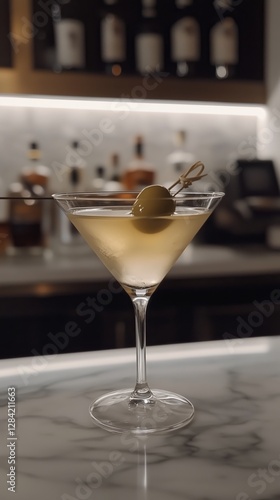 Close-up of a Martini With an Olive on a Bar Counter