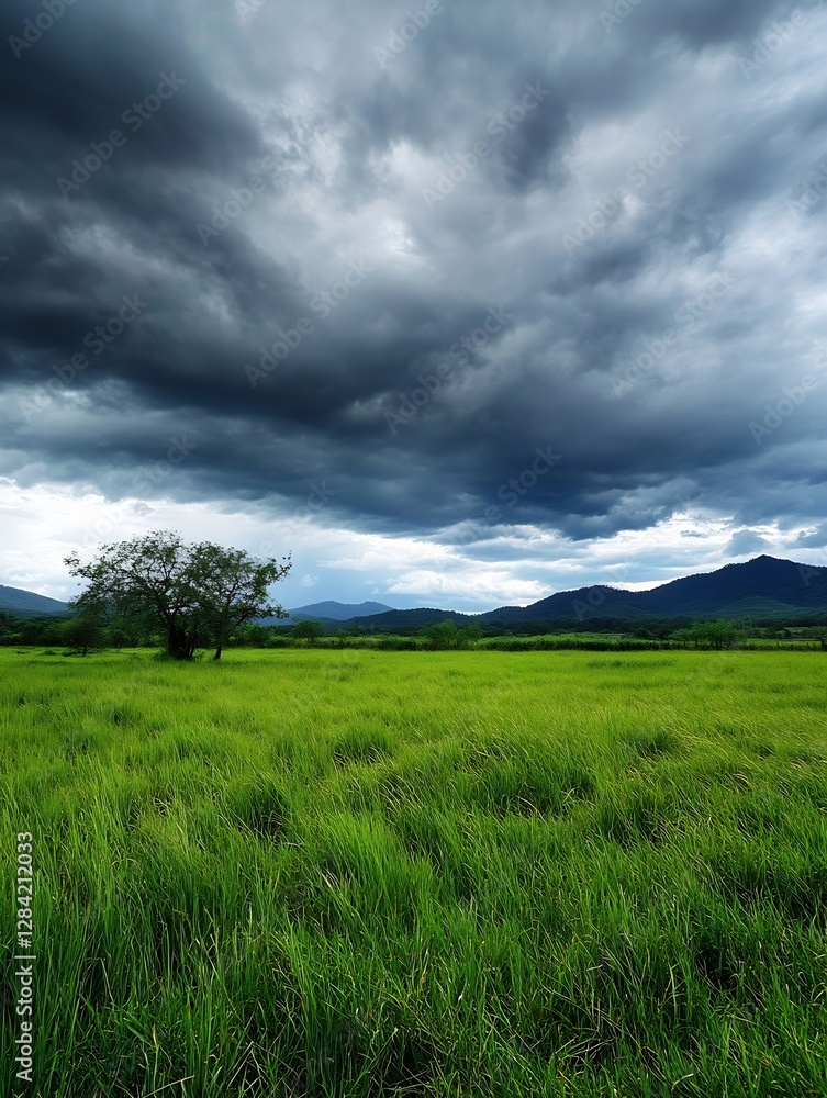 Serene landscape showcasing a vast green field beneath dark stormy clouds : Generative AI Serene landscape showcasing a vast green field beneath dark stormy clouds : Generative AI
