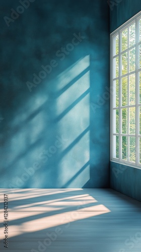 Natural Light Streams Into a Serene Room With Blue Walls and Large Windows in...