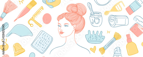 Flat icons set of hair care and beauty products in linear style.