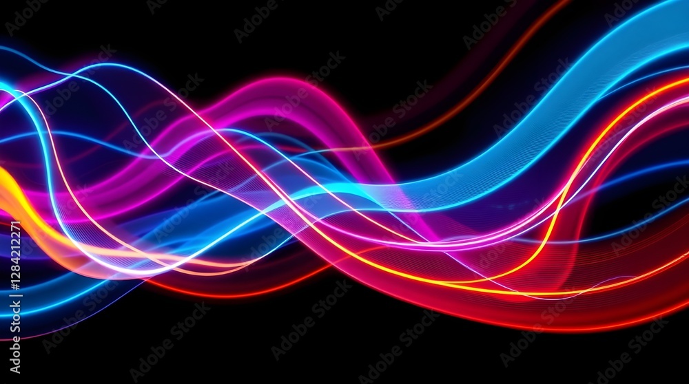 Naklejka premium Vibrant Neon Light Painting, Abstract Wavy Lines, Dynamic Motion, Generative AI.