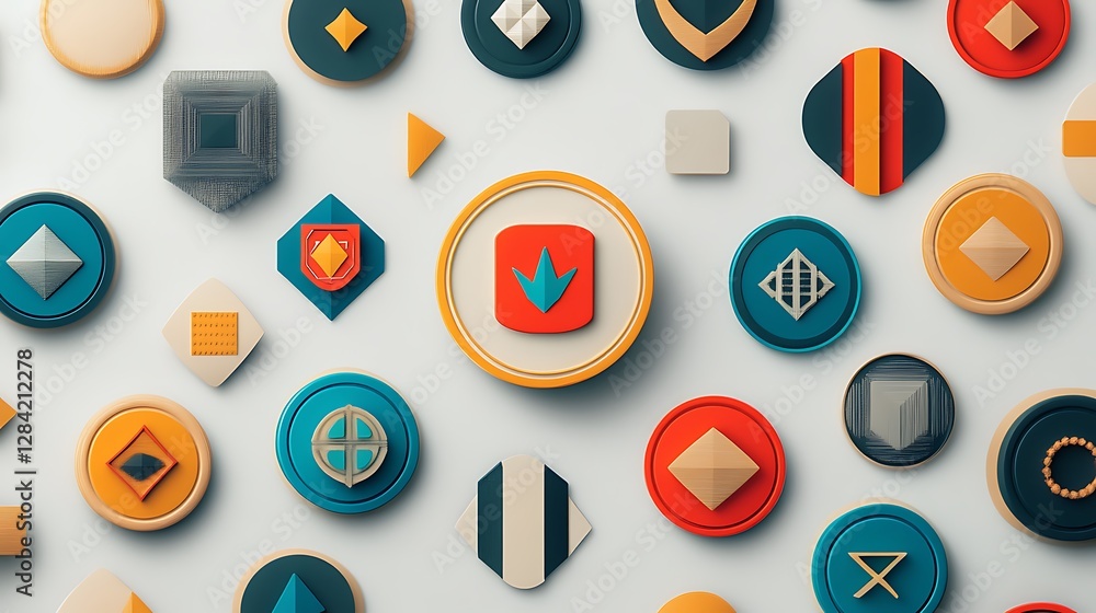 Colorful 3D Rendered Geometric Badges and Shapes on White Background AI Generated Colorful 3D Rendered Geometric Badges and Shapes on White Background AI Generated