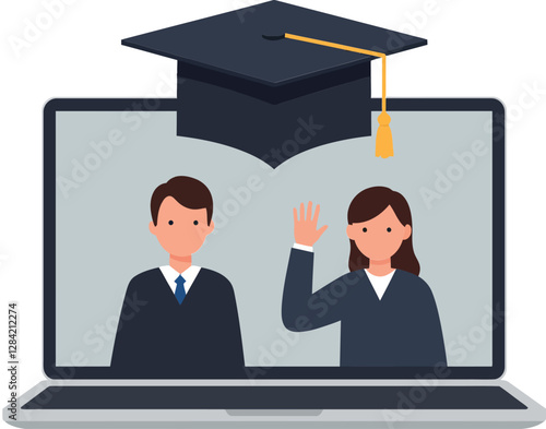 Two students interacting on a laptop screen wearing graduation caps in a flat vector illustration depicting online learning and achievement