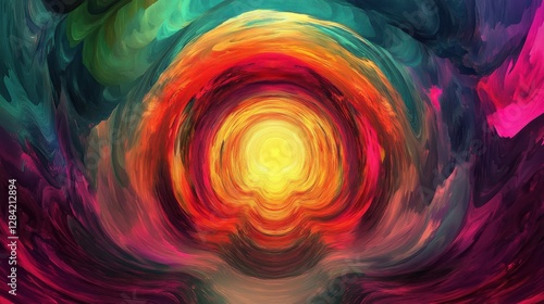 Abstract swirling colorful painting depicting a radiant core