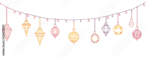 Flat linear christmas ornaments icons set on string.
