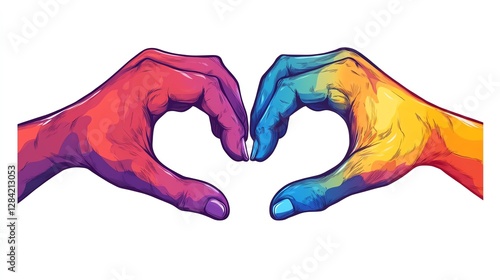 Two hands in a symbolic clasp with a heart clipart, unity and love element, flat vector design, bright colors, isolated on white background