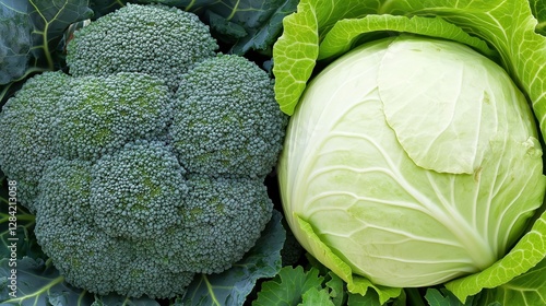 Broccoli and cabbage growing in a vegetable garden  photo