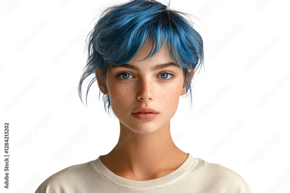Blue haired woman with freckles poses Blue haired woman with freckles poses