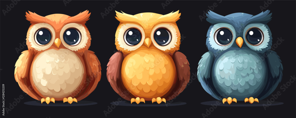 Fototapeta premium Flat vector icons set of colorful cartoon owls with large eyes.