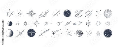 Flat linear space icons set with stars, planets, and galaxies.