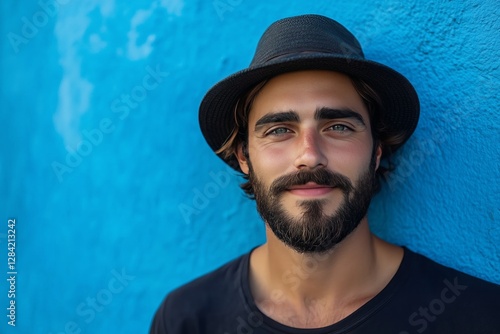 Man in Straw Hat and Denim Shirt Poses Against Vibrant Blue Wall in Urban Set...
