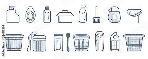 Household cleaning and laundry icons set, linear style, vector illustration.
