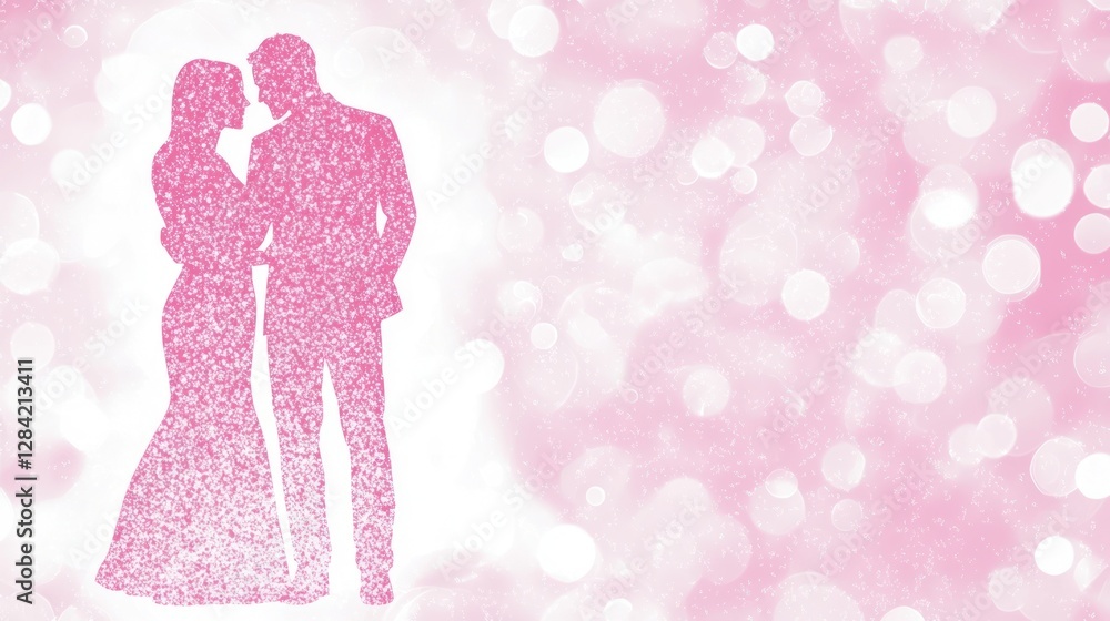 Romantic couple silhouette, pink bokeh background, wedding or love concept