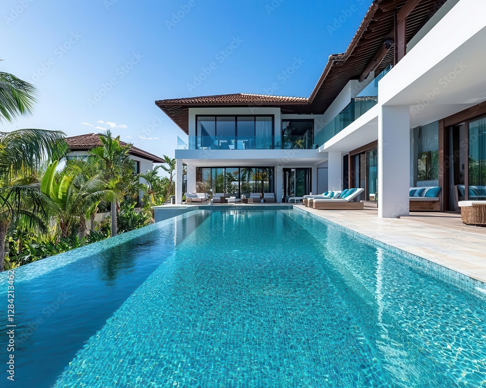 Fototapeta premium Contemporary luxury villa with solarpowered infinity pool, Single Detached House Luxury Home Energy Efficiency, ecoconscious indulgence