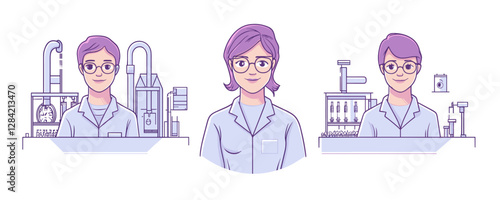 Laboratory scientists icons set in flat linear style.