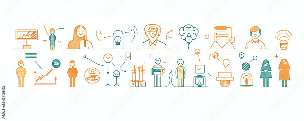 Linear flat icons set of business and technology elements and concepts. Linear flat icons set of business and technology elements and concepts.