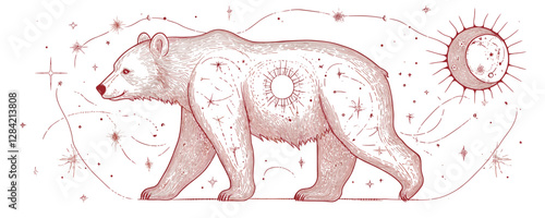 Linear style bear icon set with celestial elements - flat vector art.