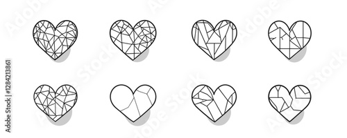 Flat linear heart icons set: geometric love shapes in vector art.