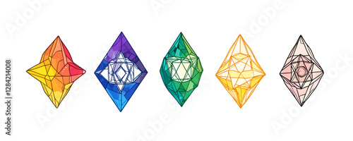 Geometric gemstone icons set in flat linear style - colorful vector illustration.