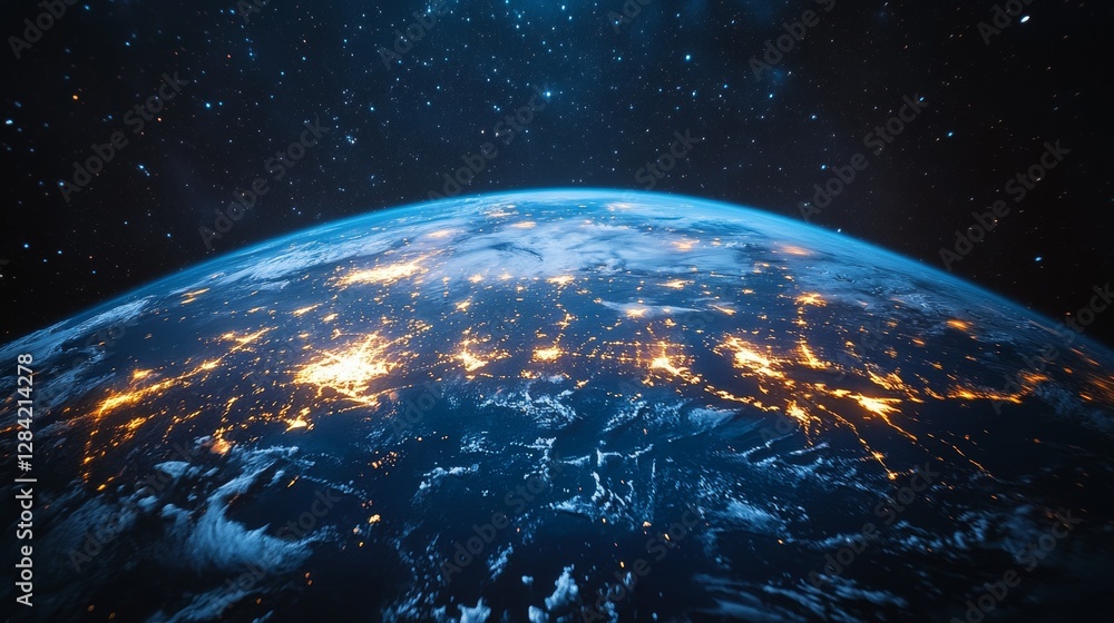 Obraz premium Earth at night, showing city lights and stars.