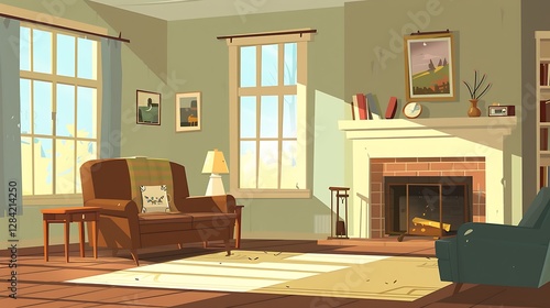 there is a cartoon of a living room with a fireplace and a chair