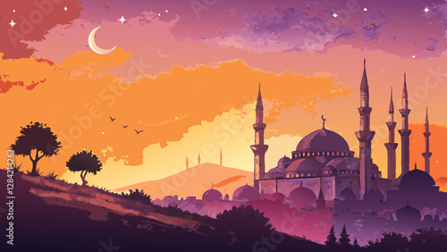 Vibrant watercolor background featuring a sunset gradient from orange to deep purple, adorned with silhouetted mosque minarets, capturing the essence of community during Tarawih prayers, with copy spa