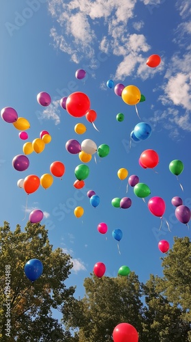 Colorful Balloons Floating in a Bright Blue Sky Over Green Trees During Dayti...
