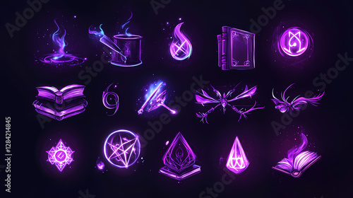 Fantasy themed glowing purple magic icons with books, spells, and mystical symbols. Mystic Occult Ritual Circle. Illustration photo