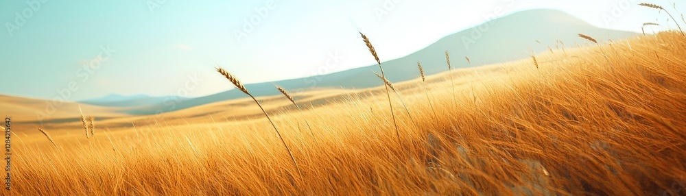 Fototapeta premium Golden Wheat Field in Summertime Sunlight and Gentle Hills Under Clear Sky Landscape Photography