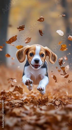 Beagle Puppy Joyfully Running Through Autumn Leaves in a Colorful Park