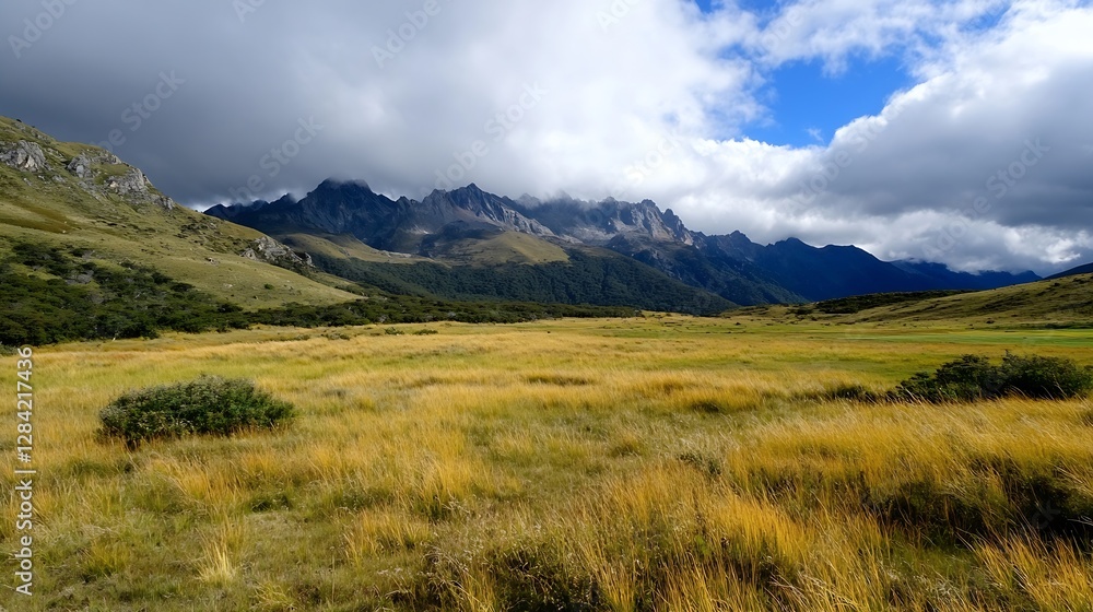 A breathtaking view of a lush green meadow with mountains and dramatic clouds forming a picturesque landscape : Generative AI A breathtaking view of a lush green meadow with mountains and dramatic clouds forming a picturesque landscape : Generative AI