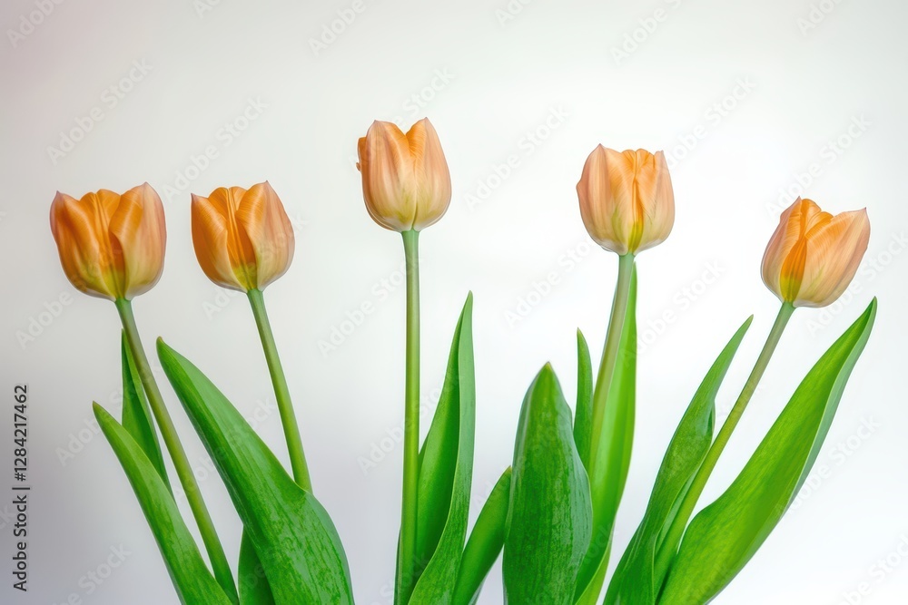 Fresh Orange Tulips Gracefully Displayed Against a Soft White Background for an Artistic Touch Fresh Orange Tulips Gracefully Displayed Against a Soft White Background for an Artistic Touch