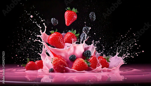 A cinematic close-up of a cascading pink strawberry milk splash captured in slow motion