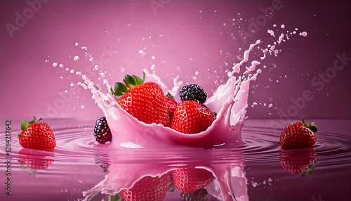 A glossy, reflective surface mirroring a dramatic pink strawberry milk splash frozen in time